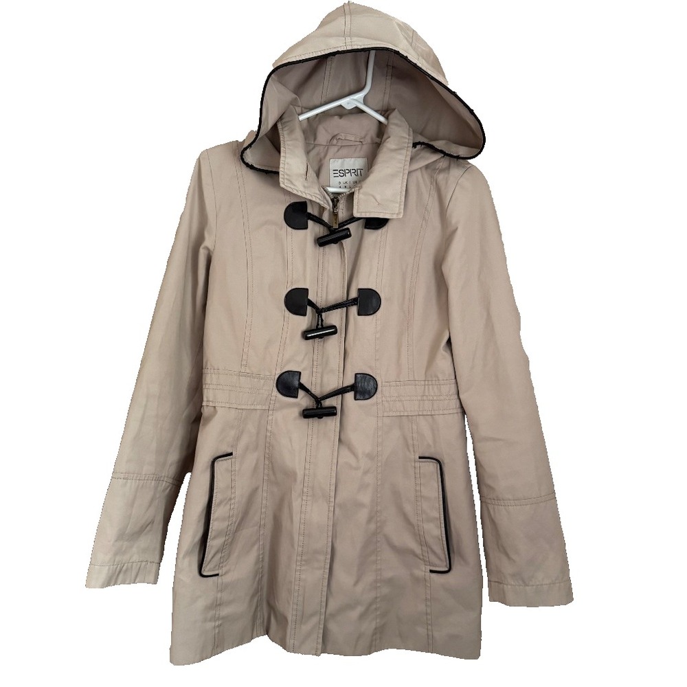 ESPRIT Beige Toggle Coat Duffle Jacket M Hood Black Trim Preppy Nautical Classic